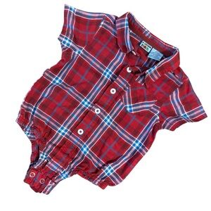 French Toast Red Blue Plaid Button Front Baby Romper 9M
